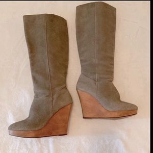 Urban Outfitters suede platform wood high heel platform wedge knee high boots 6